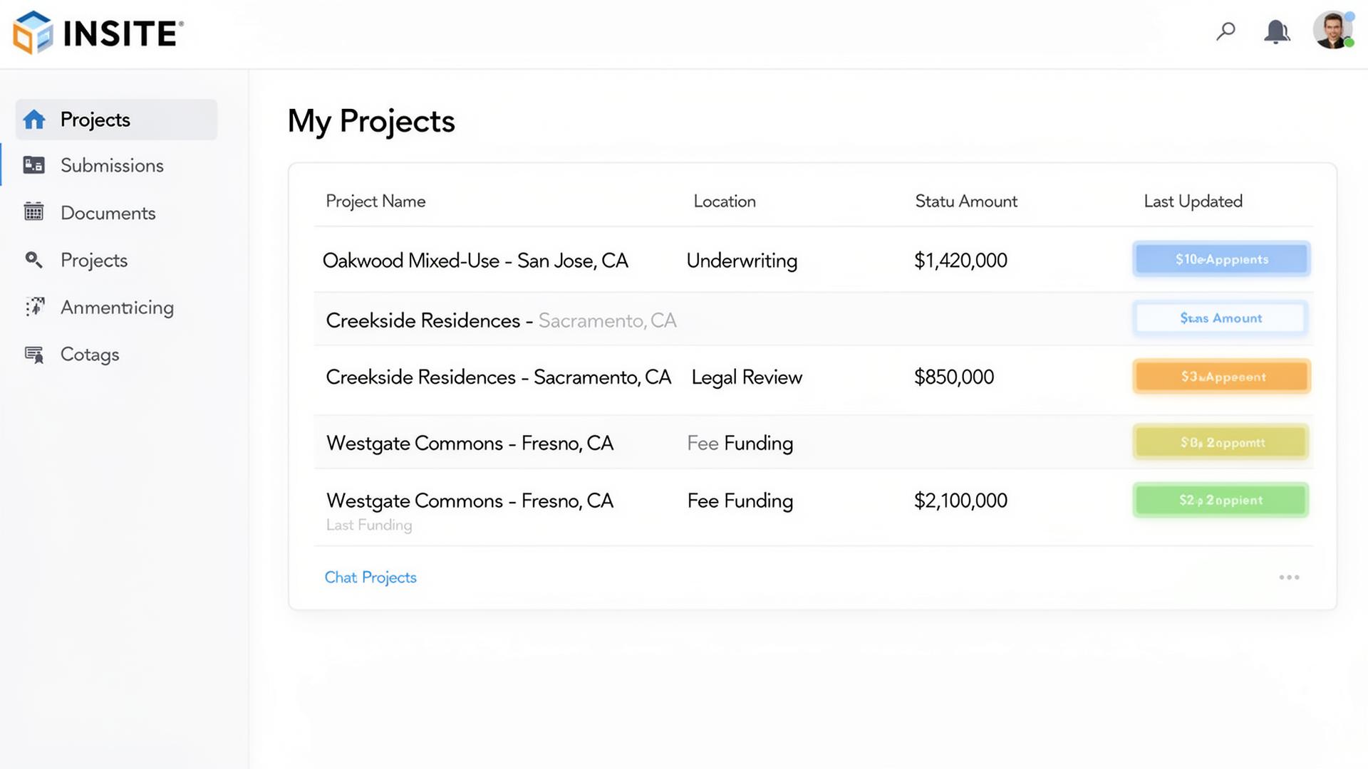 Developer Portal projects list view